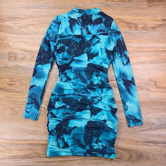 🔸️NWT Emerald Blue Floral Bodycon Mesh Long Sleeve Dress Small - Picture 4 of 16